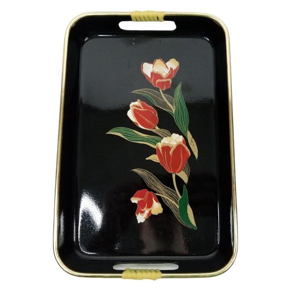 Vintage Serving Trays Wrapped Handles Iris Barware Lacquer Black Gold Japan - Picture 4 of 12